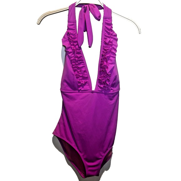 Boden Ithaca Halter Swimsuit Swim One Piece Women US 12 New Pink Ruffle Vibrant - Picture 10 of 10